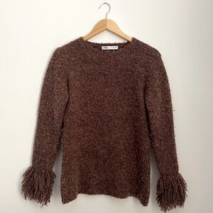 Zara - Fringed Knit Long-Sleeve Pullover Sweater Size L Brown